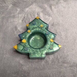 Handmade Christmas Tree Resin Tea Light Holder Gold & Blue Polka Dot Accents
